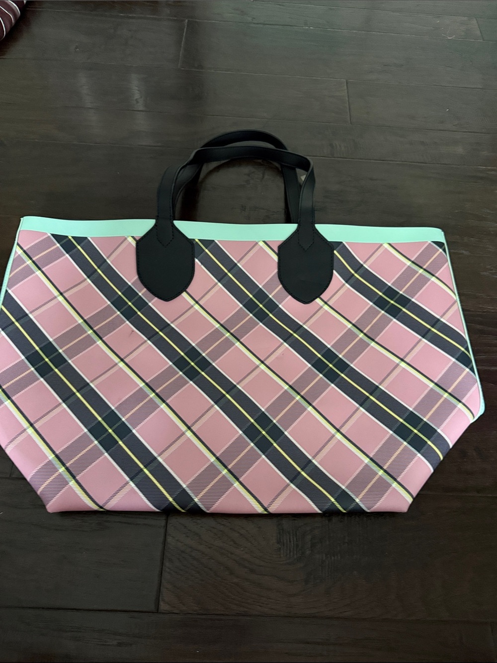 NWOT Pink Plaid Tote Bag with Black Handles